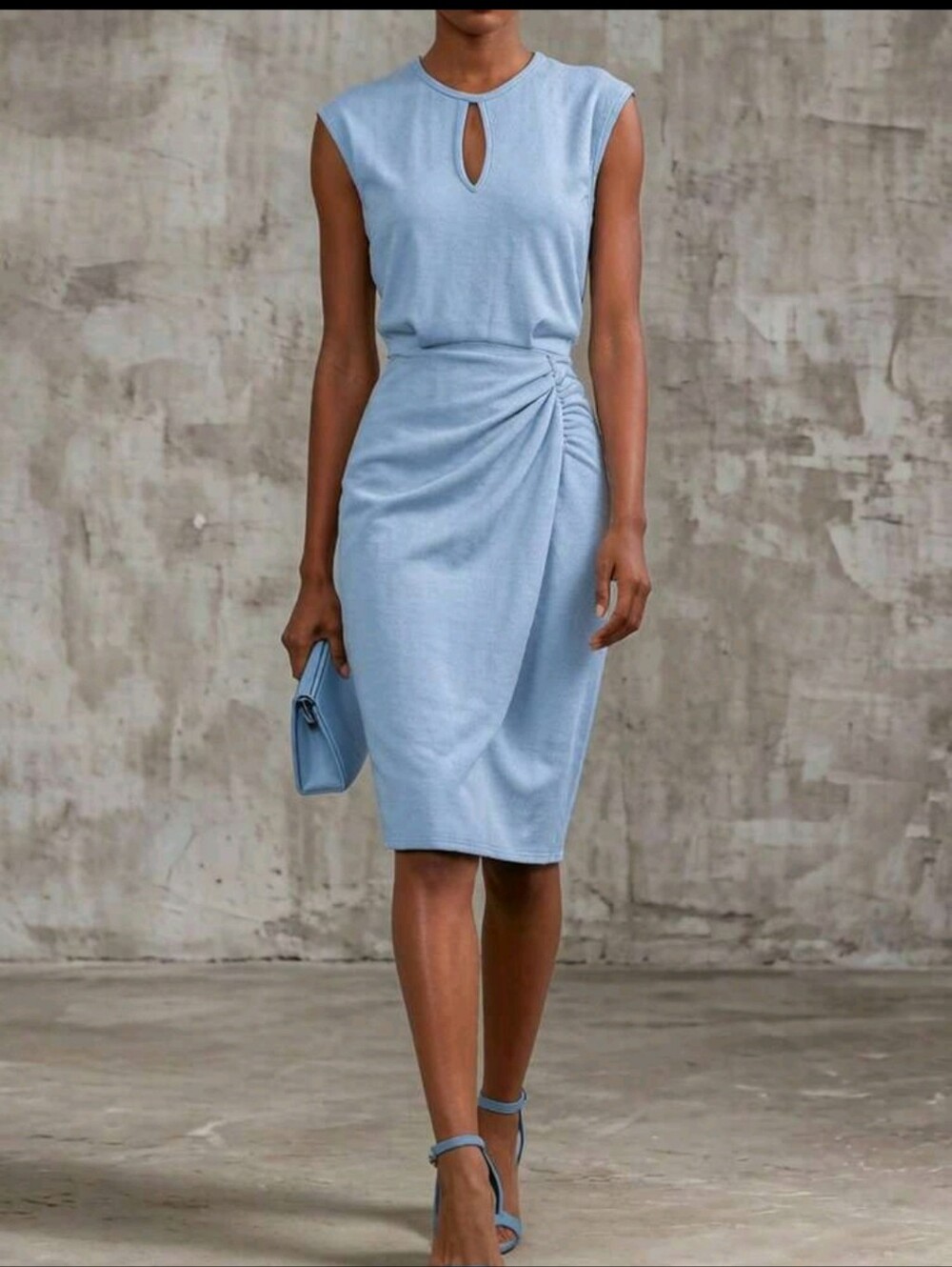 Sleeveless Light Blue Midi Dress with Side Ruched Detail